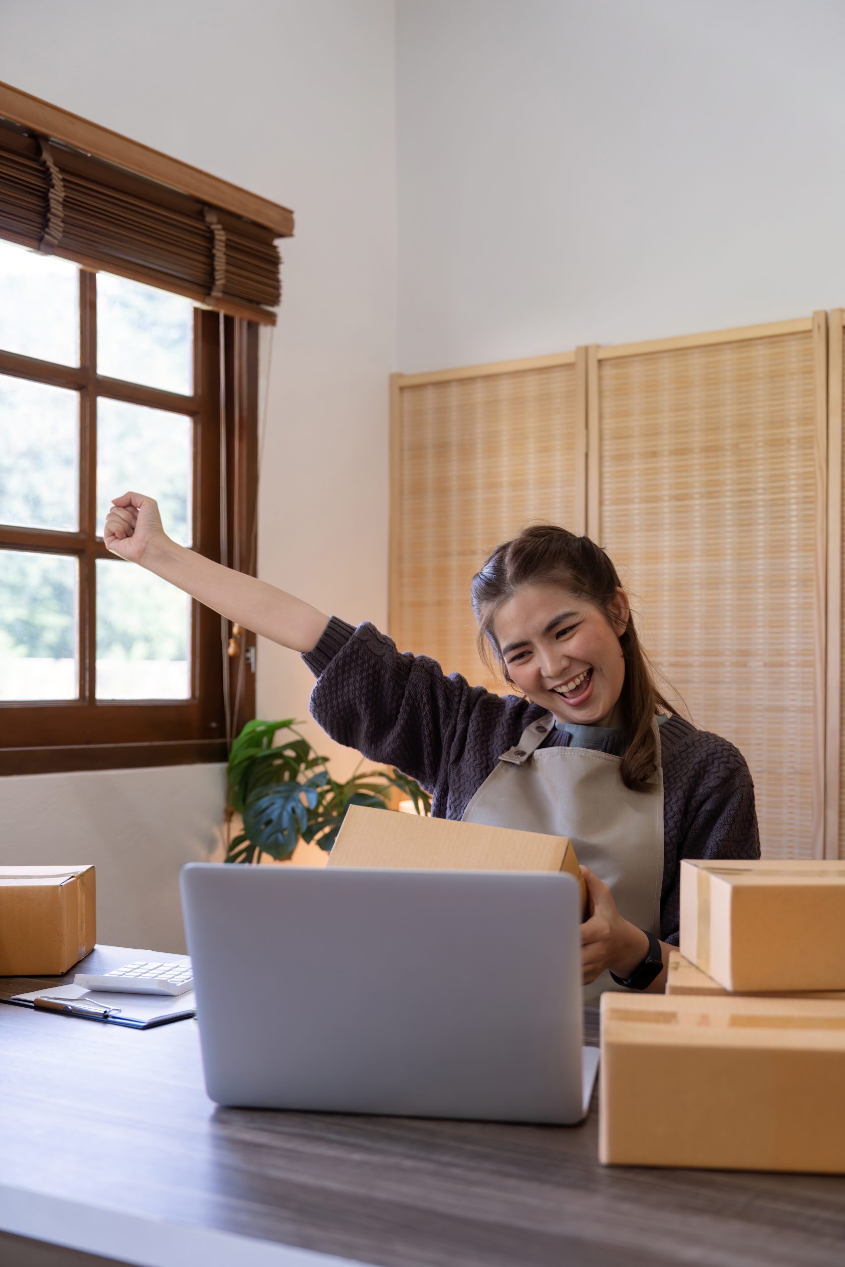 Asian women are achievement success with sale growth. Happy women selling product online with laptop. Successful and happy concept